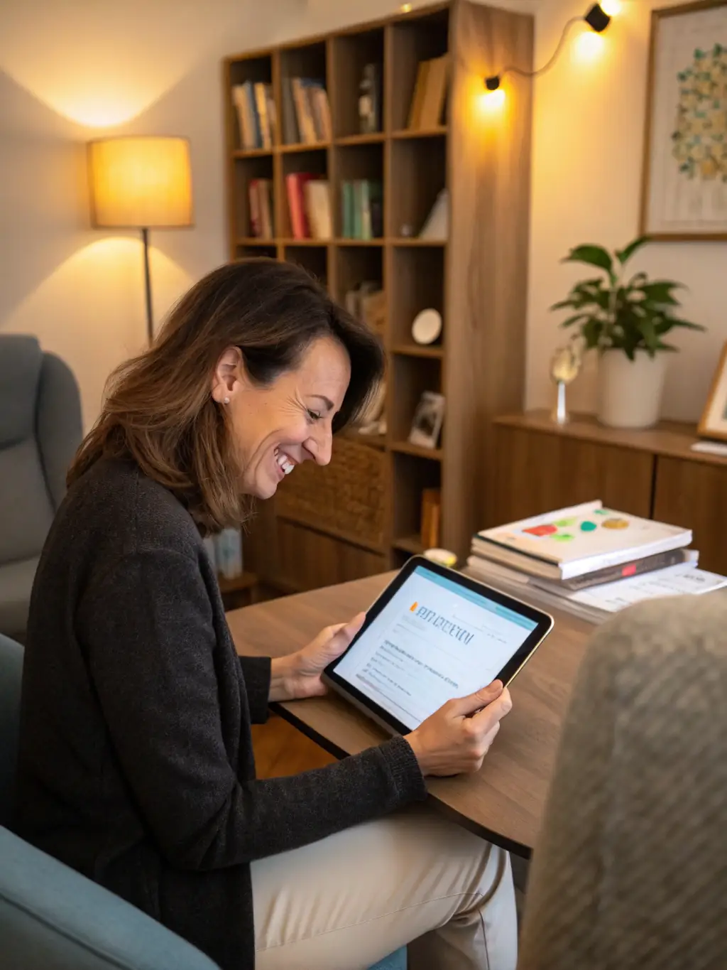 A therapist happily reviewing patient schedules on a tablet, showcasing the ease of administrative management with TheraSync MSO.