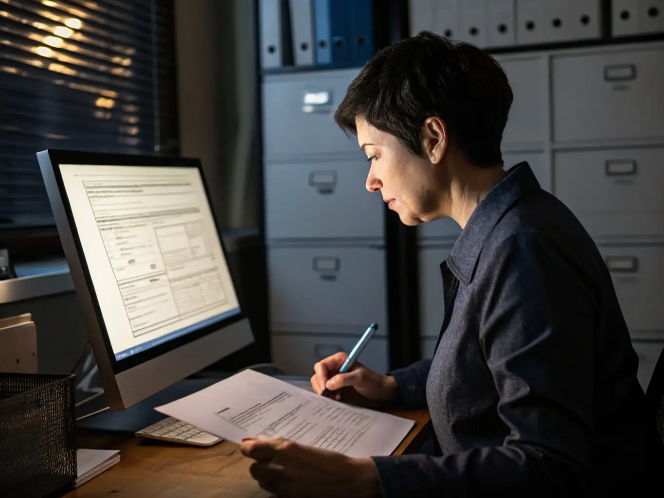 A professional reviewing compliance documents with a checklist in a well-organized office, emphasizing regulatory adherence.