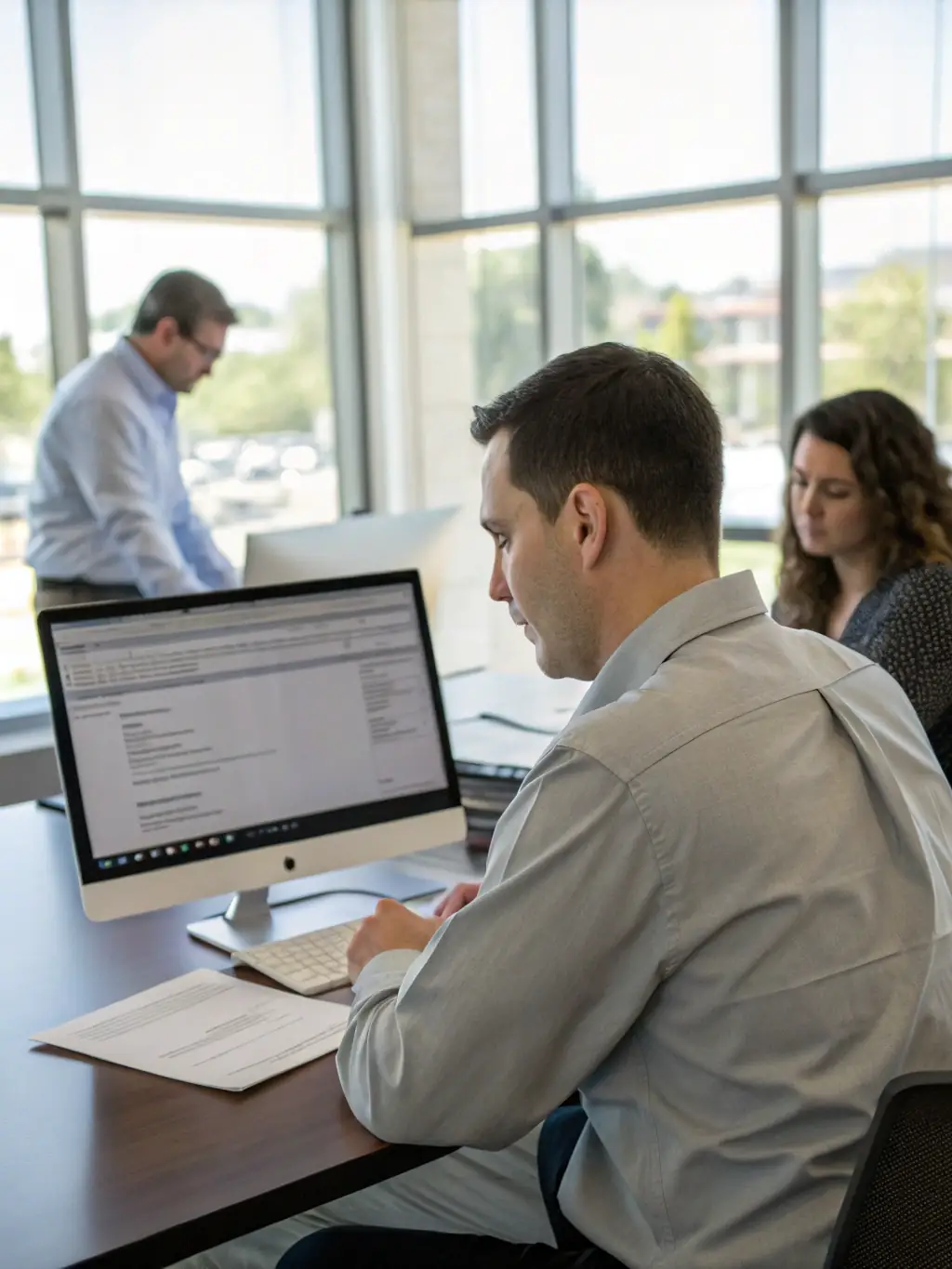 A professional reviewing compliance documents with a checklist in a well-organized office, symbolizing compliance and regulatory assistance.